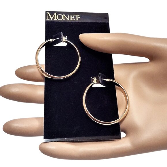 1 1/8" Monet Wedding Band Hoop Pierced Stud Earrings Gold Vintage Polished Rings - Picture 5 of 5